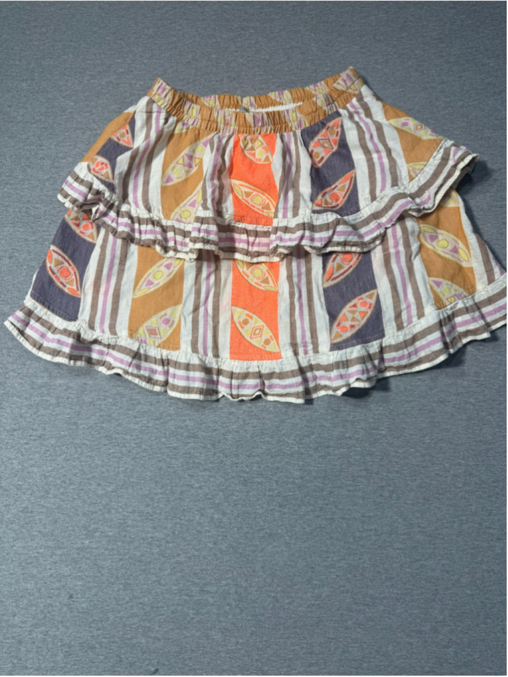 Women's Devotion Twins Mini Skirt Size S Orange White Patterned Ruffle Hem